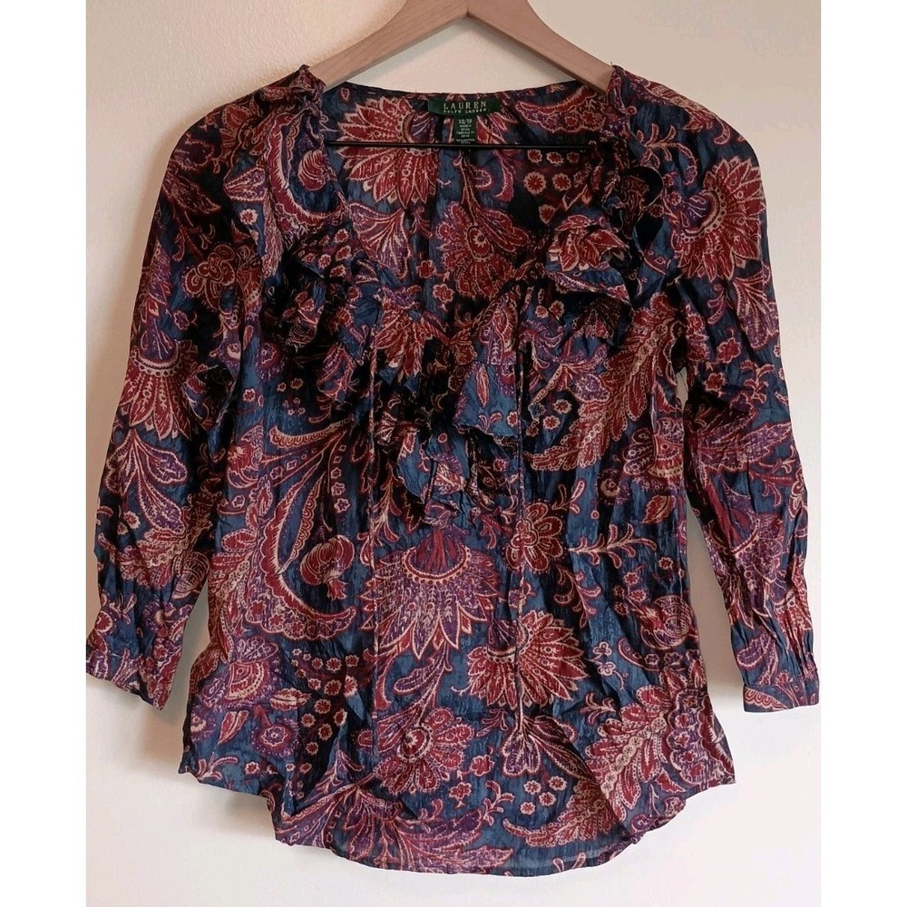 Lauren Ralph Lauren Paisley Ruffle Tie Neck Boho Blouse Lightweight XS - Picture 1 of 9